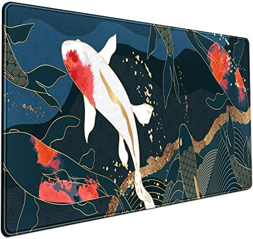 Anime Koi Carp Large Mouse Pad Cute Koi Fish Gaming Desk Mat Japanese Mousepad XXL Desk Mat, Cool Keyboard Mouse Mat Desk Pad for Computer Laptop Girl Gamer Women Desktop Protector 31.5x15.75 in