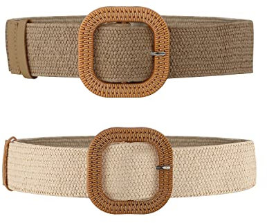 2pcs Ceinture Élastique Femme, Extensibles Ceintures Élastiques en Paille Ceintures pour Robe de Plage d'Été avec Boucle en Bois Tressée pour Femmes Ceintures Larges pour Robes Femmes