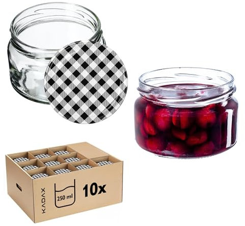 KADAX Lot de 10 petits pots à confiture, 250 ml, avec couvercles, hermétiques, parfaits comme cadeau, pour miel et épices, noirs à carreaux