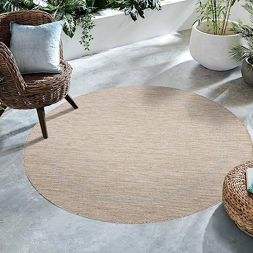 SIMPEX Tappeto da Esterni, Unisex, Beige, 120 cm Rotondo, Moderni, Tinta Unita, Polipropilene, 5 mm, Cucina, Balcone, Terrazzo, Giardino, Picnic