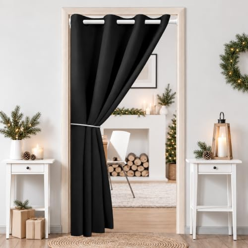 Lapalife Blackout Türvorhang mit Ösen,Raumverdunkelung Thermisch isolierter Vorhang Drapierung für Türen und Fenster für Fenster und Tür, thermoisolierend, Haus und Dekoration,132x203cm,Schwarz
