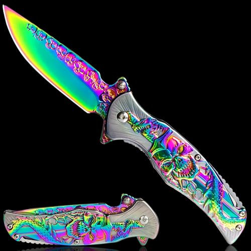 MADSMAUG Taschenmesser, cool Klappmesser mit 3D Titanplattiert Prägen Reliefgravur, gute Weihnachten Geschenk Edc Messer für Männer Outdoor Überleben Camping (Bunt)