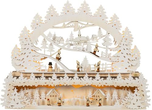 Saico - LED Schwibbogenerhöhung „Kinder im Schnee“ - Lichterbogenerhöhung, Schwibbogenbank, Holzbank für Lichterbogen - Zubehör für Fensterbank & Weihnachtsdeko - 76,5 × 19 × 14,5 cm Made in Germany