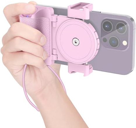 Compact Smartphone Handle Grip Holder with Detachable Wireless Remote Control & Cold Shoe Mounts Compatible with iPhone 16 15 14 13 12 11 Galaxy PIXEL MATE 55-90 mm Wide for Vlog Video Photo (Pink)