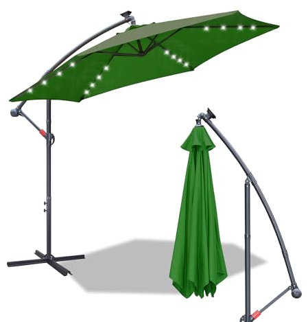 Fiqops Parasol solaire LED 3M avec manivelle - En aluminium - Avec support - Protection UV, Parasol de marché étanche pour le jardin, Vert