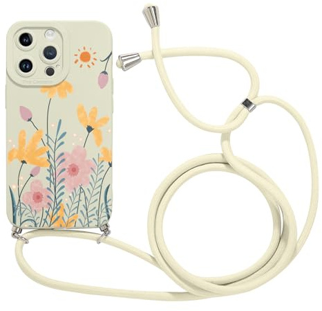 Foonary Coque pour Apple iPhone 14 Pro 6,1 avec Cordon, Cute Aesthetic Motif Réglable Collier Housse, Souple Silicone Étui Bumper Protection Case avec Corde Lanyard pour iPhone 14 Pro, Fleur 01