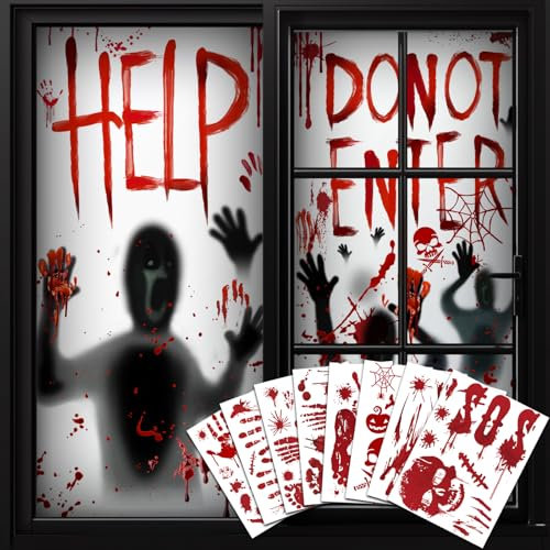 DADAPANGHU Decorazioni Horror Halloween - 2 Adesivi per Finestre e Porta & 8 Set Vetrofanie, 87 Stickers, Decorazioni Casa Party, Impronte di Sangue