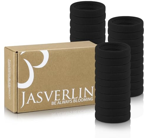 JASVERLIN Schwarze große dicke Haargummis, nahtloses Baumwollgewebe, dehnbare Pferdeschwanzhalter weiche dünne Scrunchies keine Beschädigung Haarbänder für Mädchen Frauen Männer 2,4 Zoll 30 Stück