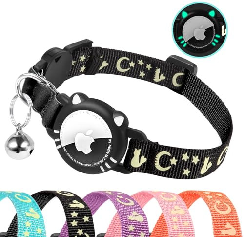 AgoumLux Airtag Katzenhalsband, Halsband Katze Halter Kompatibel mit Apple Air Tag, Reflektierend Katzenhalsband mit Glocke, GPS Tracker Halsband für Katzen, Schwarz, S(23-33 cm)