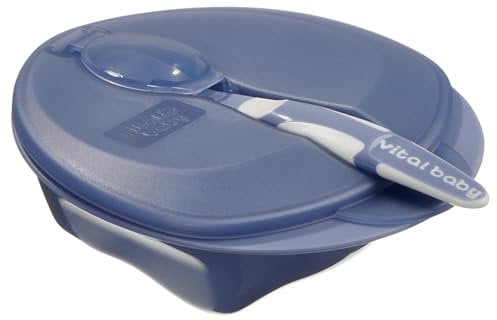 Vital Baby Nourish Weaning Bowl with Lid & Spoon 6m+, Deep Purple, Food Mashing Zones, Soft Spoon Tip, EarthSmart Biodegradable, BPA-Free with Hygienic Spoon Cover