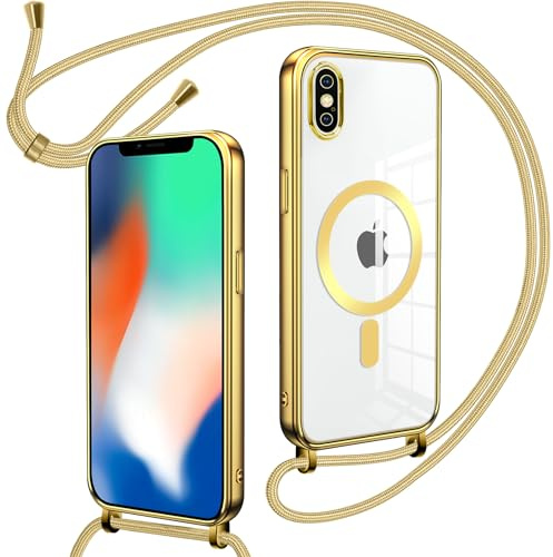 Oelrstfe Magnetische handyband mit Band für iPhone XS/X Hülle - Necklace HandyHülle Transparente zum Umhängen mit justierbarer und Abnehmbarer Kette, Crossbody Magnet Clear Cover-Gold