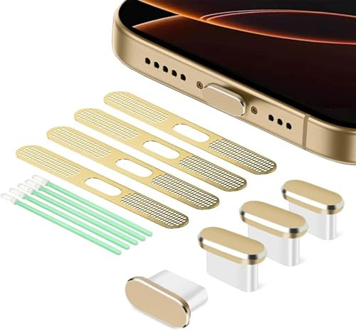 BelleVive 8er-Pack USB-C-Staubschutzstecker, Typ-C-Ladeanschlusssteckerabdeckung, Ohrhörer-Lautsprechernetz, staubdichte Klebeabdeckung, für iPhone 16/iPhone 15, Gold