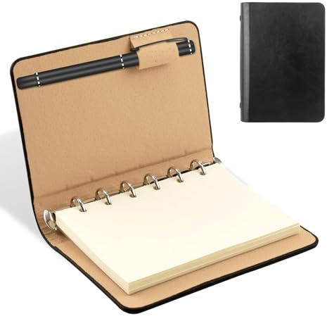 Notisbok A7 Liten med läderfodral, ringhäfte A7, liten notisbok, 6-rings ringhäfte mini notisbok, kompakt och bärbart för skola, kontor, skrivning teckning, pennan används endast för