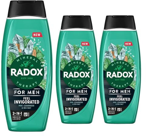 Radox Mineral Therapy 2-in-1 Shower Gel & Shampoo Feel Invigorated, Pack of 3, Men's Body Wash Enriched with Sea Salt 4 Minerals and 13 Herbs Cedarwood and Mint Scent, 450 ml