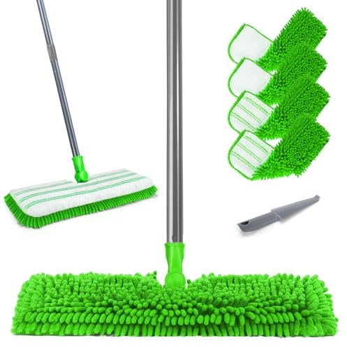 Myiosus Flat Mop, Microfibre Mops for Cleaning Hardwood Laminate Tile Vinyl Floors, 4 Washable Reusable Chenille Pads, 132cm Adjustable Handle
