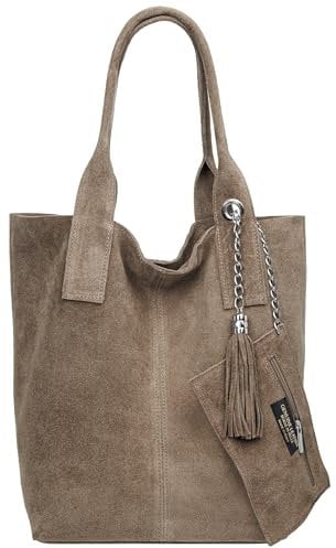 Caspar große Wildleder Shopper Schultertasche XL Damen Handtasche aus Leder mit stylischer Metallkette & kleiner Zusatztasche - CLASSIC LINE - Modell No.828 - Made in Italy, Farbe:taupe