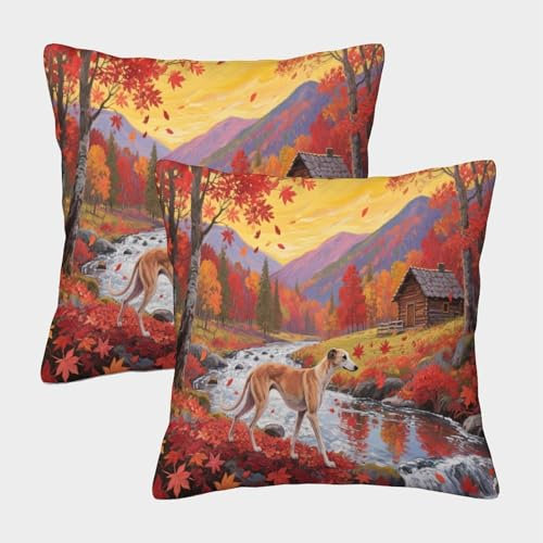 Kissenbezug Windhund am Bach mit Ahornblättern 2er Set, Zierkissenbezüge Couchkissen, Für Sofa, Schlafzimmer, Couch, Outdoor, Dekoration 45x45cm