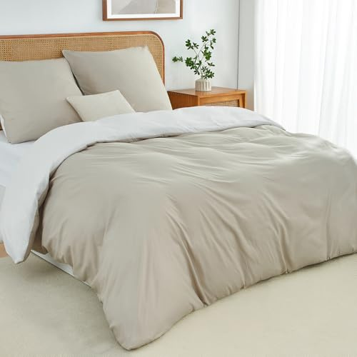 Duvetnova Bettwäsche 200x200 3teilig Beige/Weiß Bettwäsche-Sets Microfaser ÖKO-TEX Wendebettwäsche 200 x 200, weich & bügelfrei 1 Bettbezug 200x200 + 2 Kissenbezüge 80x80cm mit Reißverschluss
