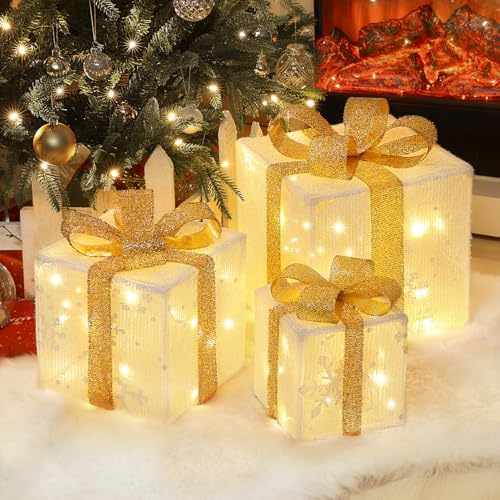 Luxspire Weihnachten Beleuchtet Geschenk Boxen, 3 PCS Outdoor Indoor Weihnachtsdekorationen mit Fernbedienung, USB-Plug Dekoration, Xmas Deko für Haus Veranda Rasen, Tulle+Snowflake