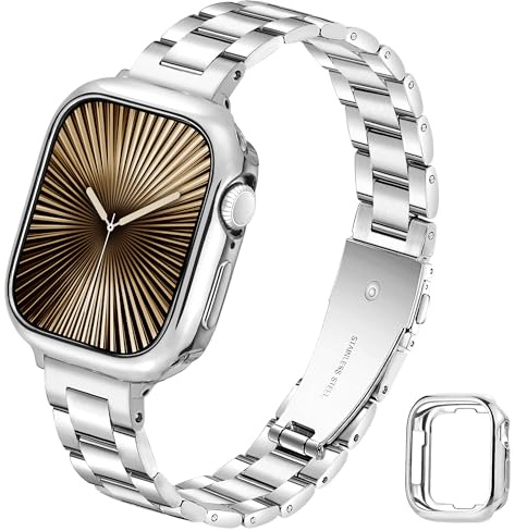 G-ficu Slim Metal Straps with Protective Cover for Apple Watch Straps Women 44mm 45mm 42mm 41mm 40mm 38mm, Thin Stainless Steel Band with Case, iWatch Strap for Apple Watch Series SE 9 8 7 6 5 4 Strap