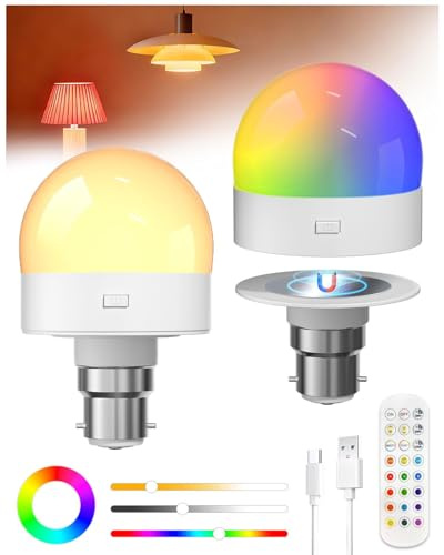 Klarlight 2 Pack Rechargeable Light Bulbs with Remote Control, B22 LED RGB Colour Changing Magnetic Battery Operated Bulb, 40W Equivalent, Dimmable, Emergency LED Light Bulbs with Touch Control