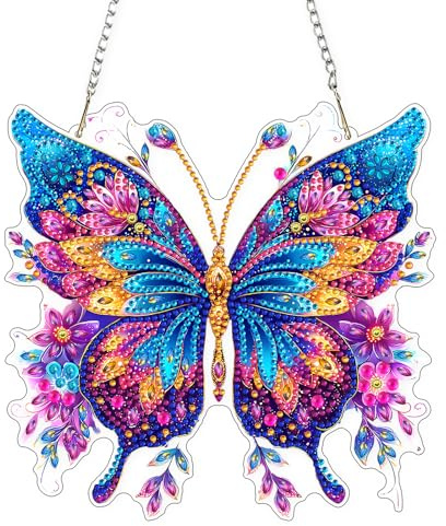 AIRDEA DIY Butterfly Diamond Art Ornament Kit for Adults, Double-Sided Glitter Flowers Diamond Painting Hanging Kit, DIY Acrylic Special Shaped Drills Hanging Suncatcher 8x8 inch