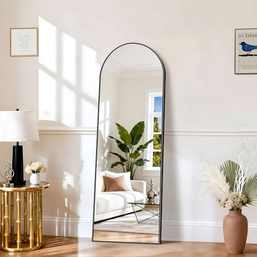 KOCUUY Bogen Standspiegel, 147 x 47 cm Großer Gewölbter Ganzkörperspiegel, Groß Wandspiegel mit Schwarz Aluminium Rahmen, Hängend, Stehend, Kippbar, für Wohnzimmer, Schlafzimmer und Flure