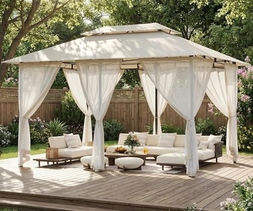 Amopatio 3x4 Garten Pavillon Wasserdicht Stabil Winterfest, Doppeldach Gartenpavillon mit Moskitonetz, Deluxe Patio Gazebo Wetterfest, Partyzelt Gartenlaube Metall für Pool Seite, Terrasse, Beige