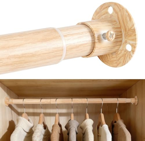 KINGSOW Wardrobe Rail and Fittings: 64.5-130cm Light Wood Grain Adjustable Clothes Hanging Pole 25mm Stainless Steel 25kg Capacity for Closet Laundry
