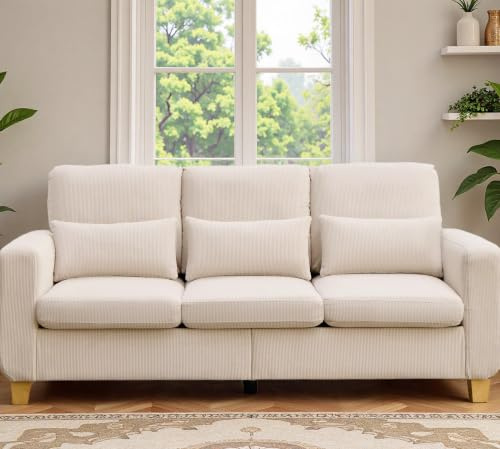 EBELLO Sofa 3-5 Sitzer, Cord Sofa, Bequemes Couch mit Extra Tiefer Sitz | Modernes Wohnzimmer Sofa mit 2 Kissen&Seitentaschen, Einfach Montage Big Sofa Couch für Schlafzimmer Büros, Creme