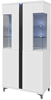 Standvitrine Marokko 90/200 MR12 inkl. LED Beleuchtung, Vitrinenschrank, Stauraumvitrine, Glasvitrine, Hochschrank, Wohnzimmer, Highboard, Schrank (Weiß/Weiß Hochglanz + Schwarz Hochglanz)