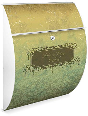 Burg Wächter Design Briefkasten | Modell Riviera 46x33,5x13cm groß | verzinkter Stahl Weiß | Postkasten mit Öffnungsstopp, großer A4 Einwurf, Zylinderschloss, 2 Schlüssel | Motiv WT Vintage Messing