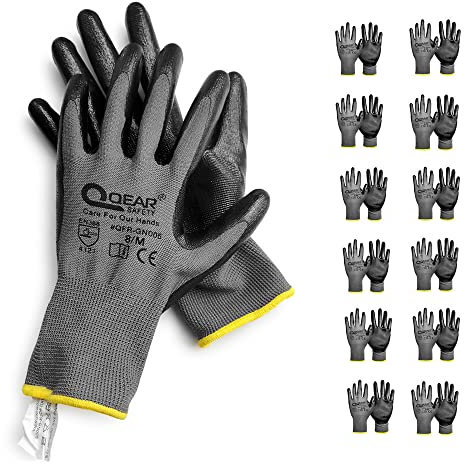 QEARSAFETY 12 Pairs Nitrile Rubber Coated Work Safety Gloves, Multi-Function,Light-Weight,Good Abrasion, Oil/Greasy Resistance palm (8/Medium)