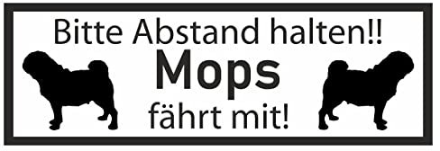 Samunshi® Aufkleber Mops fährt mit - Schild Sticker Hinweisschild Warnschild Vorsicht Hund 8 x 2,8cm Mops fährt mit schwarz