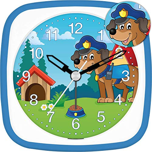 Eurotime Wecker Jungen Polizei Hund Polizist, Kinderwecker, Hellblau Blau, Kunststoffgehäuse und Kunststoffglas, geräuscharmer Wecker, ohne Ticken, mit Licht und Weckwiederholung, 27132-08