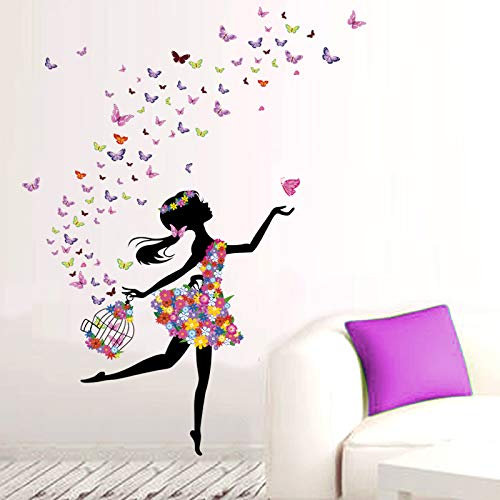 Kibi Wandaufkleber Wandtattoo Wandsticker, Schmetterlings Fee Aufkleber Schlafzimmer Wohnzimmer Wände Mädchen Schmetterling Blumen-Fee Aufkleber