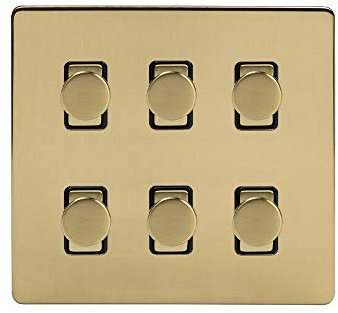 Soho Lighting Brushed Brass Gold 6 Gang 2 Way Intelligent Trailing Dimmer Light Switch Screwless