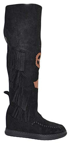 Stivali Donna Indianini Nero Scamosciati Alti sopra al Ginocchio Frange Zeppa Interna 5 cm Cinturino Fibbia Stemma Moda (39 EU)