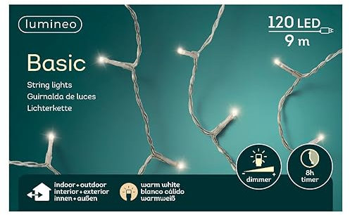 Lumineo Lichterkette Basic warm weiß - 120 LED's - 9 Meter - transparentes Kabel - Indoor & Outdoor - Timer - dimmbar - IP44