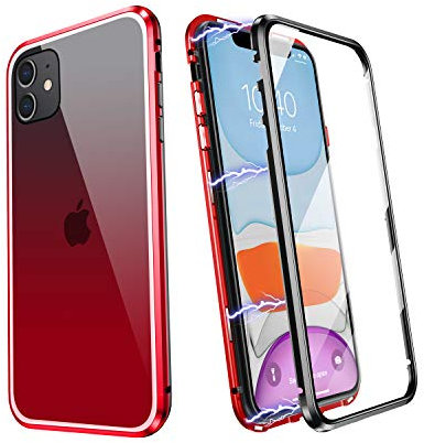 YUNQE Coque pour iPhone XS Max, Magnétique en Métal Étui Protecteur d’Écran Intégré avec Verre Trempé Avant Arrière Housse Anti-Rayures,Rouge et Noir