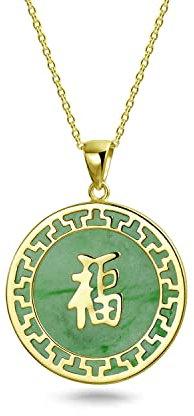 Bling Jewelry Asiatischer Stil Gerahmt Kreis Runde Medaillons Glück Fu Zeichen Chinesisches Symbol Gefärbt Grün Jade Disc Anhänger Halskette Für Frauen 14K Vergoldet .925 Sterlingsilber