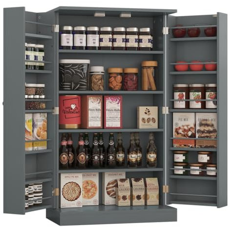 Yusong Kitchen Pantry Storage Cabinet with Doors and Adjustable Shelves, 41 Freestanding Utility Cupboard Cabinets for Dining Room, Living Room, Grey