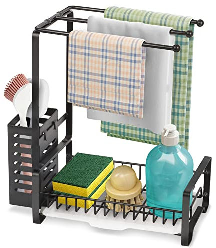 Mutool Sink Caddy Organiser, Sponge Holder with Drain Pan, Kitchen Counter Sink Organiser, Free-standing Sponge Brush Soap Dish Dishcloth Holder Dispenser (Black)
