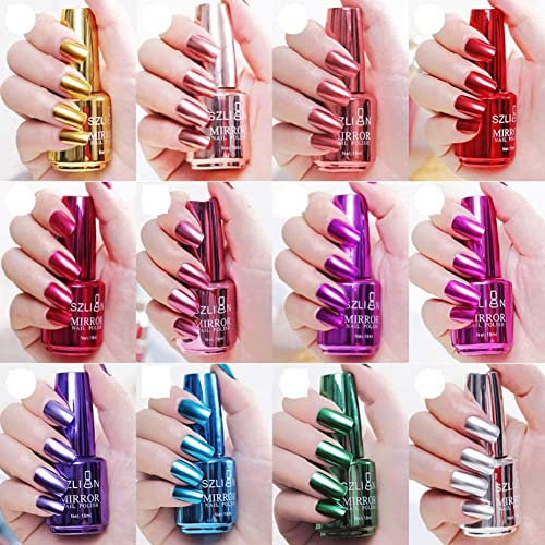 Allbestaye 18ml Polish Mirror Nail Polish, Varnishes Metallic Mirror Glitter Nail 16 Colors(12 colors set)