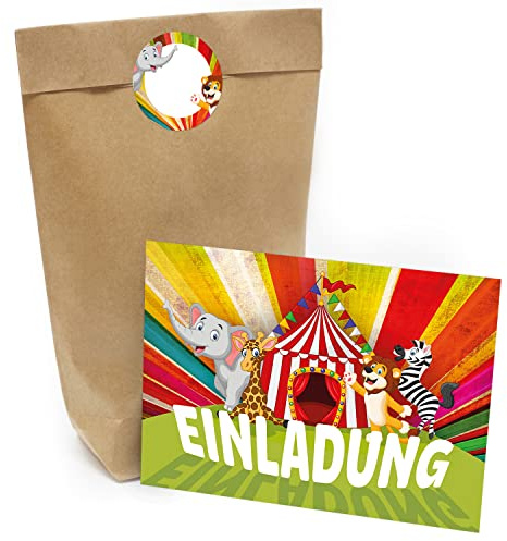 Kindergeburtstag Einladung Set mit je 8 Einladungskarten, Umschlägen, Tüten und Aufkleber - Zoo Zirkus Party Tiere