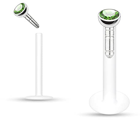 Monroe - Bioflex 1,2 mm Lippenpiercing mit Kristall FARBWAHL Push In Labret Stud (Grün)