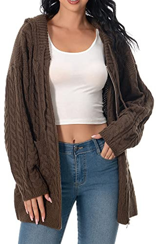 shineflow Donne con Cappuccio Facile Oversize Cavo Cerniera Cappotto Cardigan a Maglia Maglia Tinta Unita Maglione Casual (caffè,S)