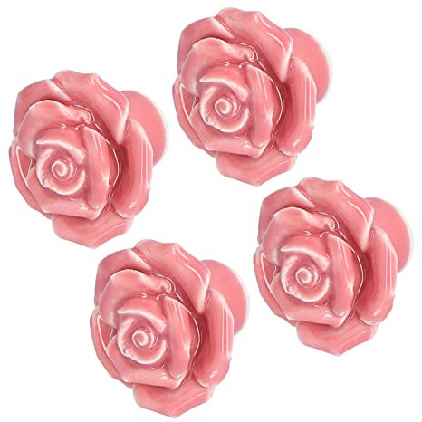 LIZEALUCKY 4 Pack Ceramic Elegant Rose Flower Cabinet Knobs, with Mounting Screws Vintage Kitchen Rose Flower Drawer Knobs Pull Handles(Pink)