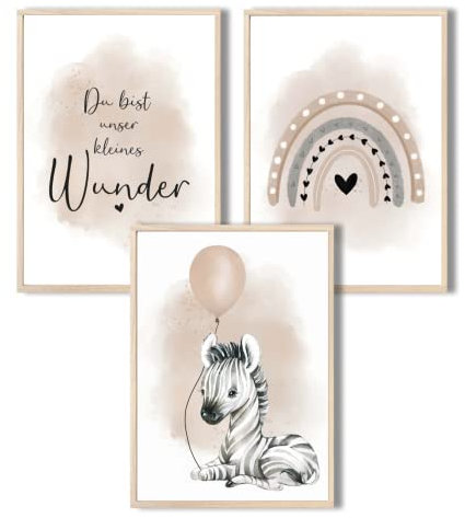 MeinBaby123® I Bilder Kinderzimmer | 3er Set DIN A4 Poster Set | Wandbilder | Kinderzimmer Poster | Deko Bilder Kinderzimmer Mädchen und Jungen | Wandposter Premium (Zebra & Luftballon beige)