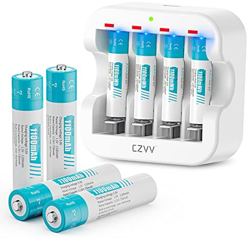 czvv Piles Rechargeables Lithium AAA 1,5V - Haute Capacité 1100mWh 8 Pack avec Chargeur Ultra Rapide 2H - Durée de Vie Ultra Longue, 1300 Cycles, Appareils Ménagers de Bureau, Sortie Constante
